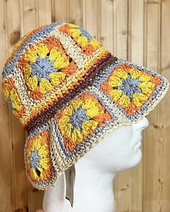 Peter Grimm Pura Vida Fergie Bucket Granny Square Hand Flower Straw Sun Hat NWT